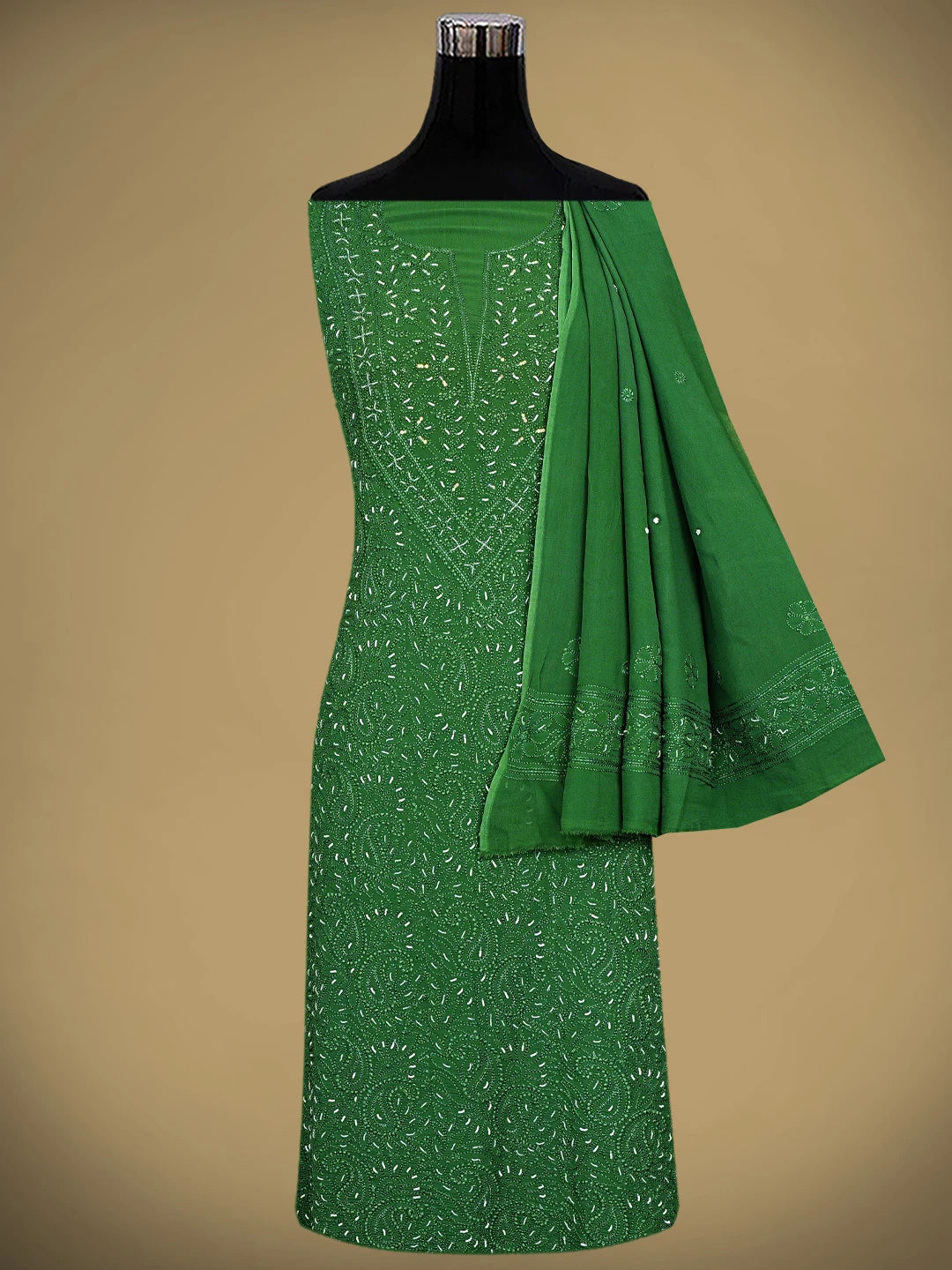 Ada Hand Embroidered Hunter Green Viscose Georgette Lucknowi Chikankari Unstitched Kurta Dupatta Set With Cutdana Work 01A893655