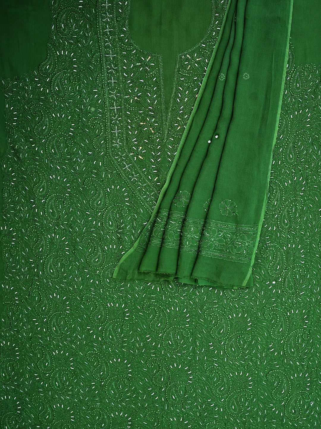 Ada Hand Embroidered Hunter Green Viscose Georgette Lucknowi Chikankari Unstitched Kurta Dupatta Set With Cutdana Work 01A893655