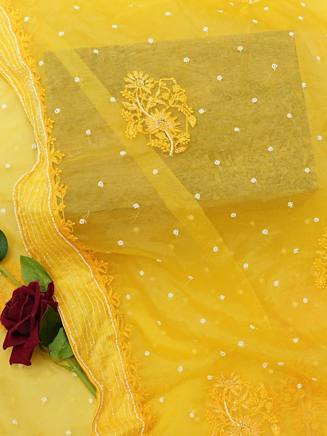 Ada Hand Embroidered Yellow Organza Lucknowi Chikankari Saree and Blouse With Pearl Work 01A857154