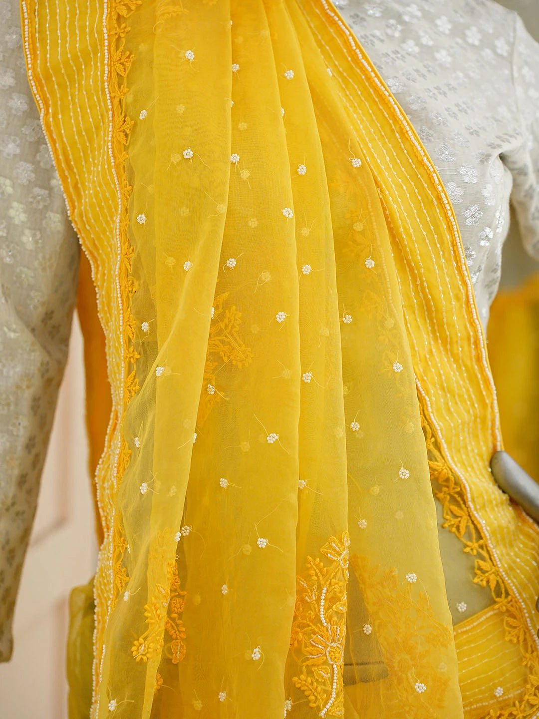 Ada Hand Embroidered Yellow Organza Lucknowi Chikankari Saree and Blouse With Pearl Work 01A857154
