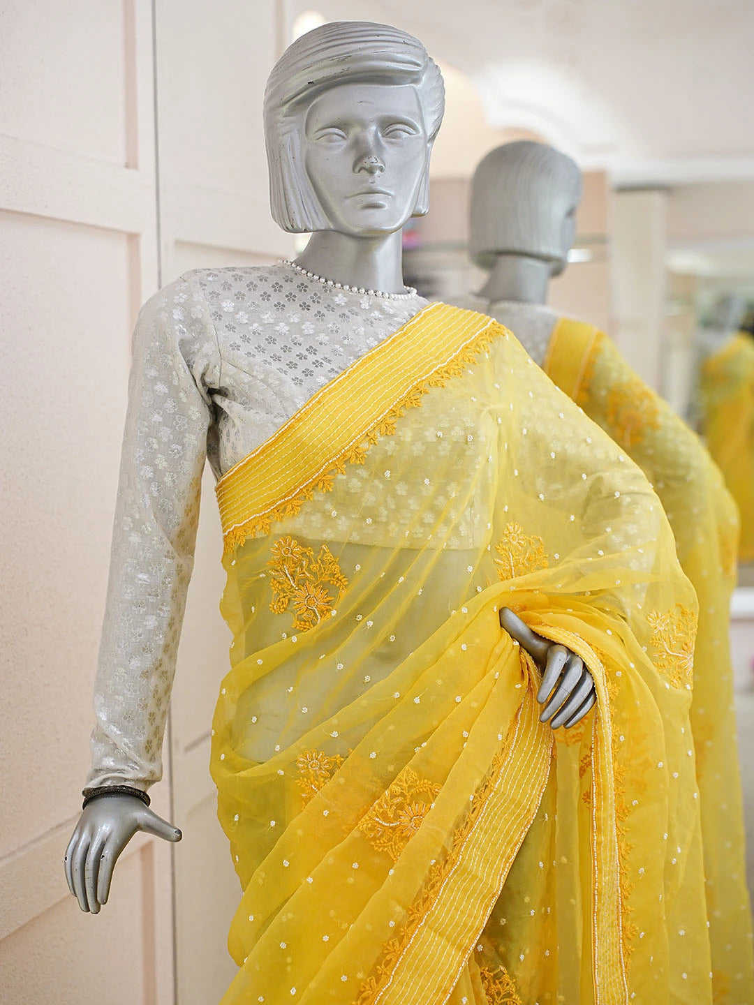 Ada Hand Embroidered Yellow Organza Lucknowi Chikankari Saree and Blouse With Pearl Work 01A857154