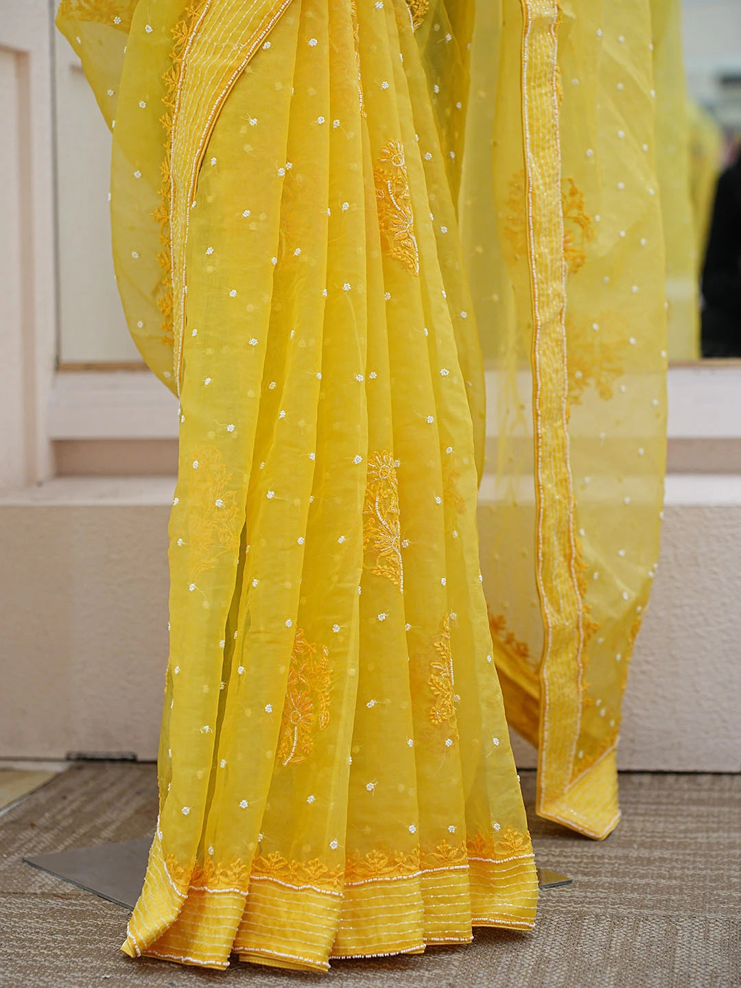 Ada Hand Embroidered Yellow Organza Lucknowi Chikankari Saree and Blouse With Pearl Work 01A857154
