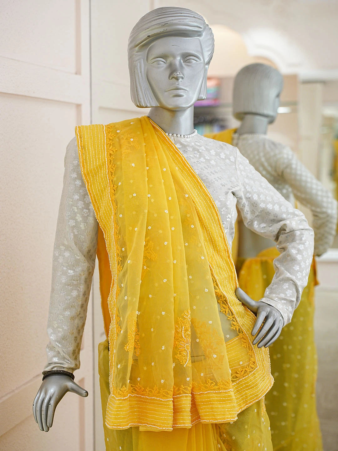 Ada Hand Embroidered Yellow Organza Lucknowi Chikankari Saree and Blouse With Pearl Work 01A857154