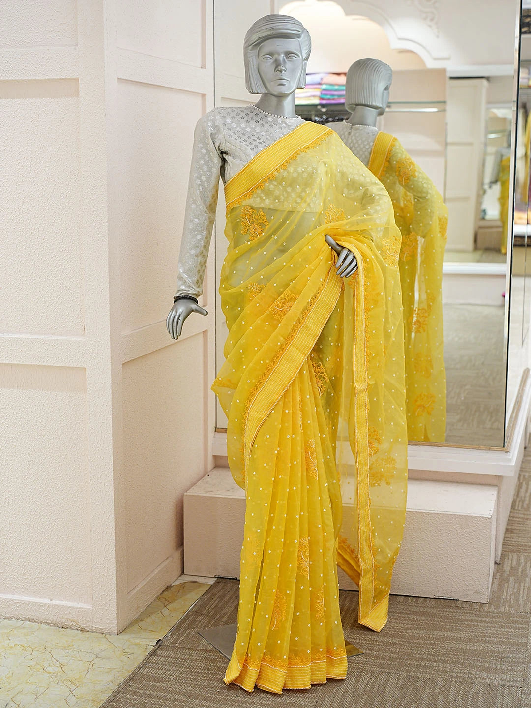 Ada Hand Embroidered Yellow Organza Lucknowi Chikankari Saree and Blouse With Pearl Work 01A857154