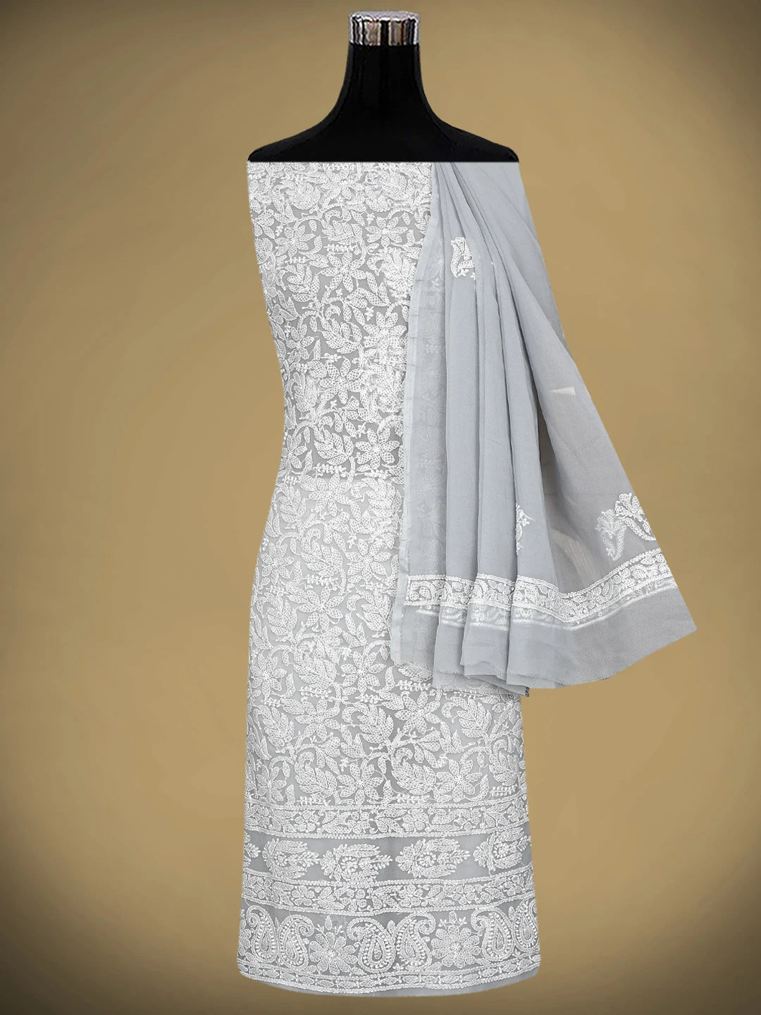 Ada Hand Embroidered Grey Georgette Lucknowi Chikankari Unstitched Suit Piece 01A905915