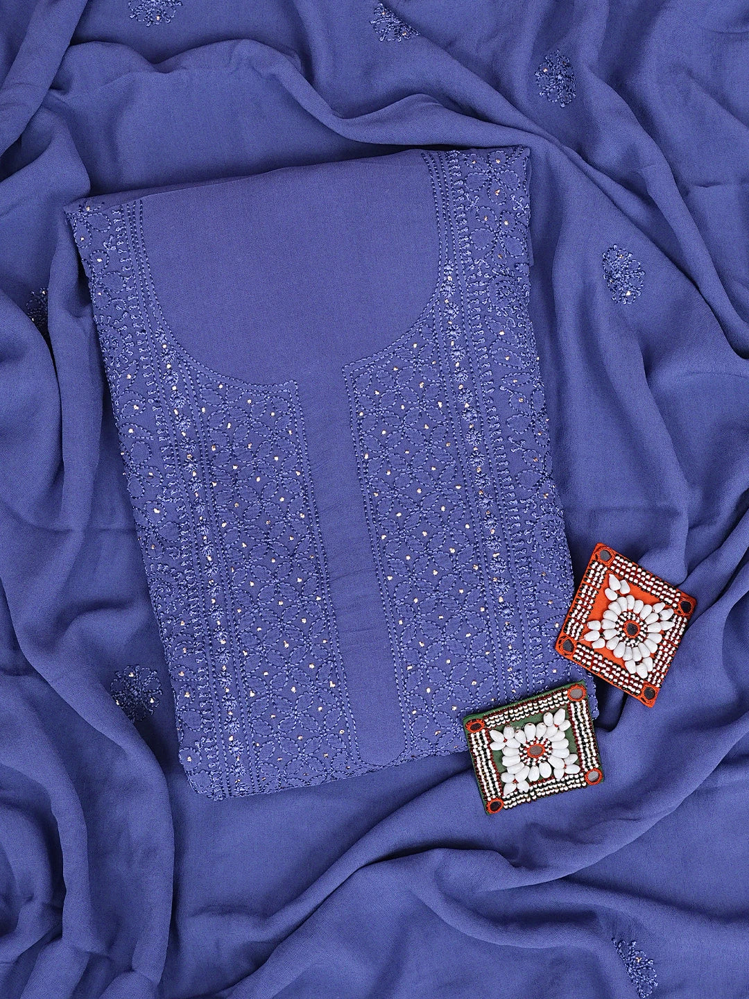 Ada Hand Embroidered Dusk Blue Viscose Georgette Lucknowi Chikankari Unstitched Kurta Dupatta Set With Muqaish Work 01A893354