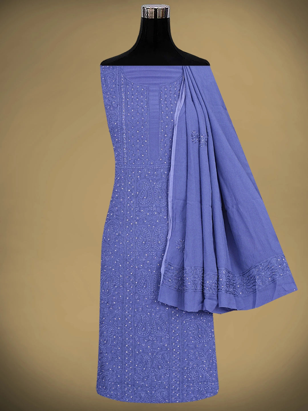 Ada Hand Embroidered Dusk Blue Viscose Georgette Lucknowi Chikankari Unstitched Kurta Dupatta Set With Muqaish Work 01A893354