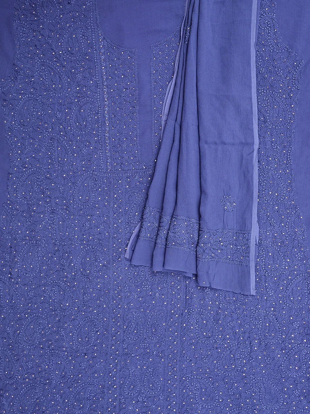 Ada Hand Embroidered Dusk Blue Viscose Georgette Lucknowi Chikankari Unstitched Kurta Dupatta Set With Muqaish Work 01A893354