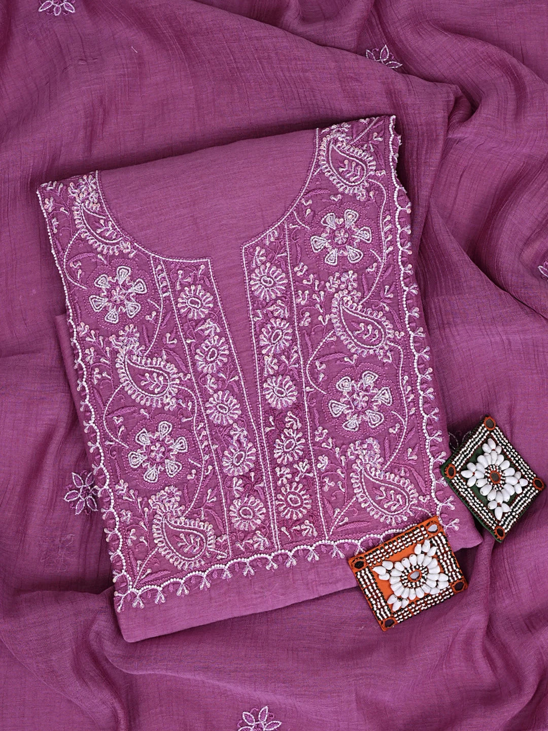 Ada Hand Embroidered Mulberry Pink  Chanderi Lucknowi Chikankari Unstitched Kurta Dupatta Set With Cutdana Work 01A628676