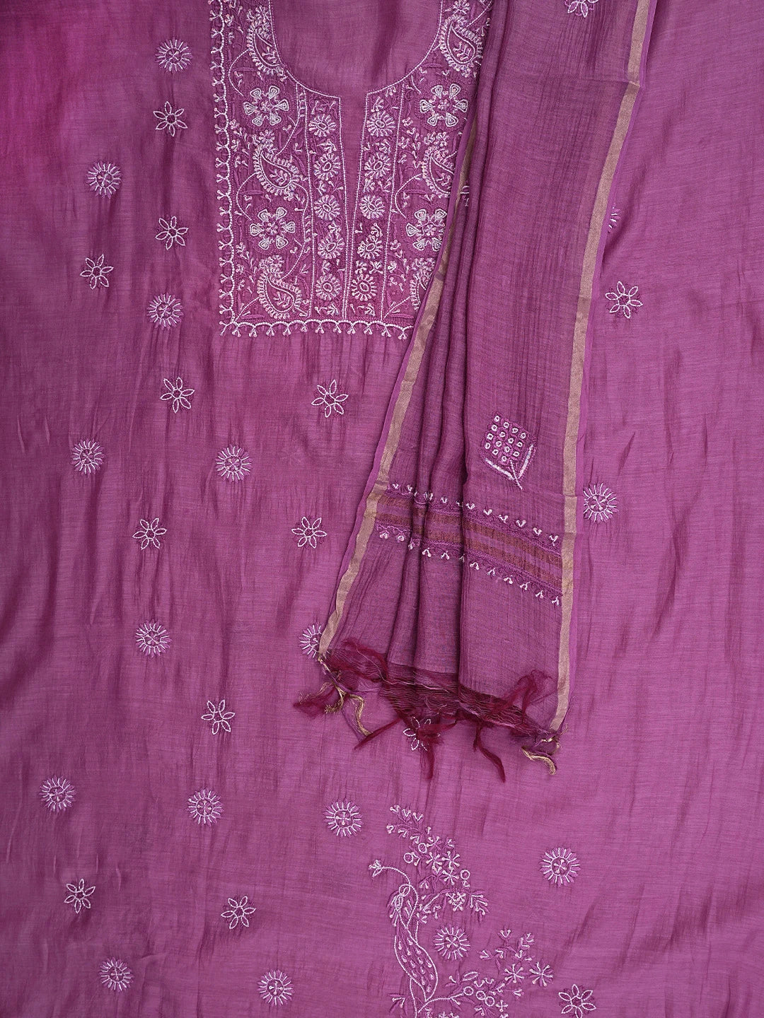 Ada Hand Embroidered Mulberry Pink  Chanderi Lucknowi Chikankari Unstitched Kurta Dupatta Set With Cutdana Work 01A628676