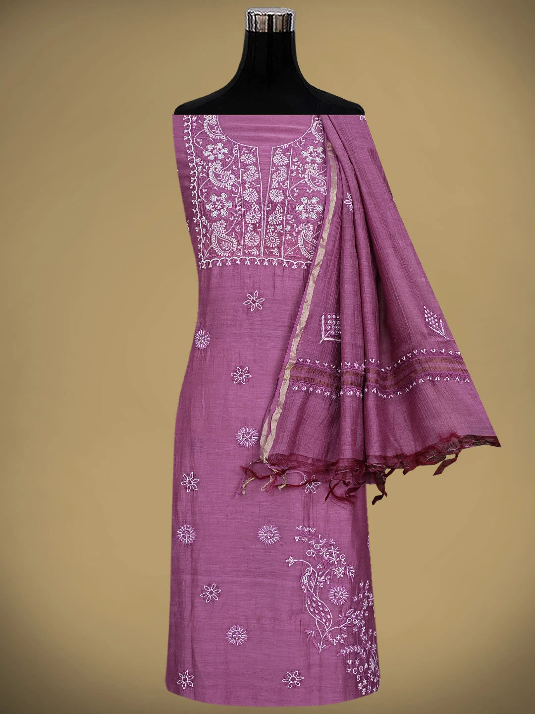 Ada Hand Embroidered Mulberry Pink  Chanderi Lucknowi Chikankari Unstitched Kurta Dupatta Set With Cutdana Work 01A628676