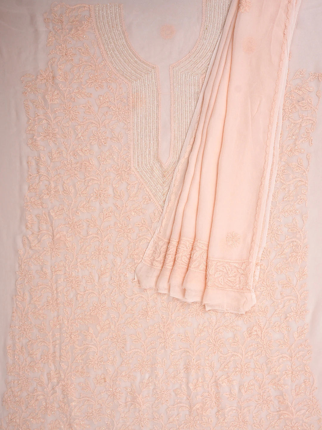 Ada Hand Embroidered Peach Viscose Georgette Lucknowi Chikankari Unstitched Kurta Dupatta Set With Cutdana Work 01A778561