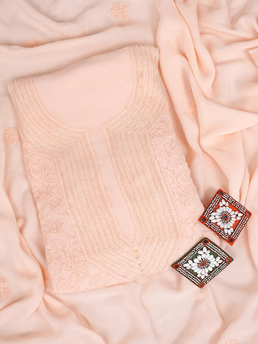 Ada Hand Embroidered Peach Viscose Georgette Lucknowi Chikankari Unstitched Kurta Dupatta Set With Cutdana Work 01A778561