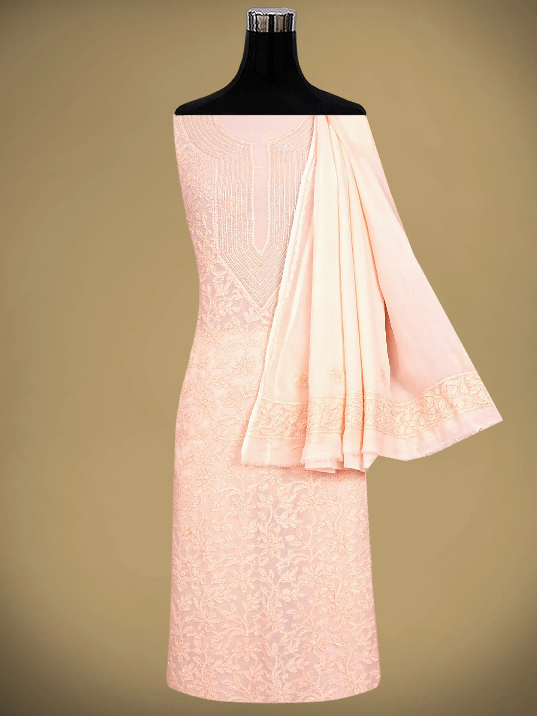 Ada Hand Embroidered Peach Viscose Georgette Lucknowi Chikankari Unstitched Kurta Dupatta Set With Cutdana Work 01A778561