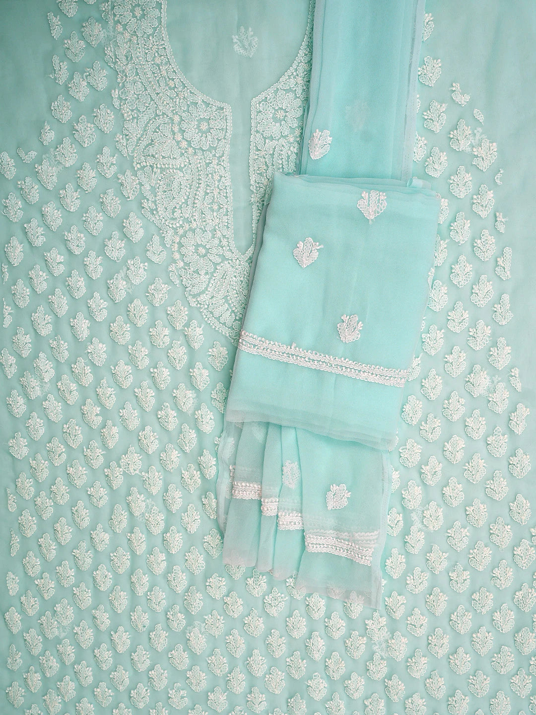 Ada Hand Embroidered Electric Aqua Turquoise Georgette Lucknowi Chikankari Unstitched Suit Piece 01A917934