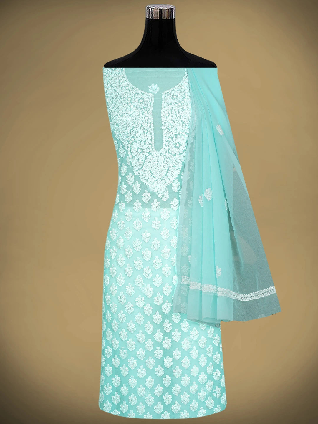 Ada Hand Embroidered Electric Aqua Turquoise Georgette Lucknowi Chikankari Unstitched Suit Piece 01A917934