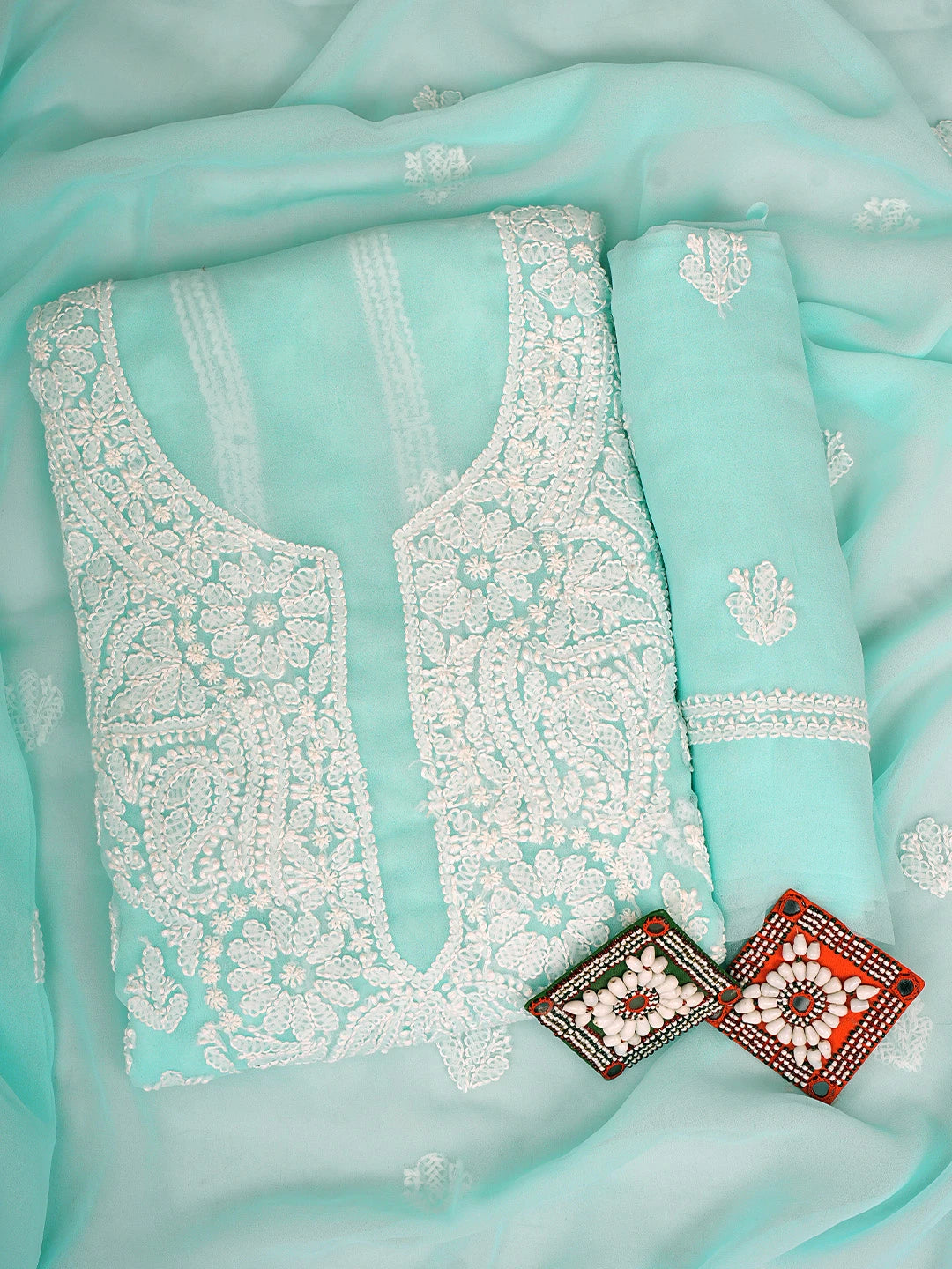 Ada Hand Embroidered Electric Aqua Turquoise Georgette Lucknowi Chikankari Unstitched Suit Piece 01A917934