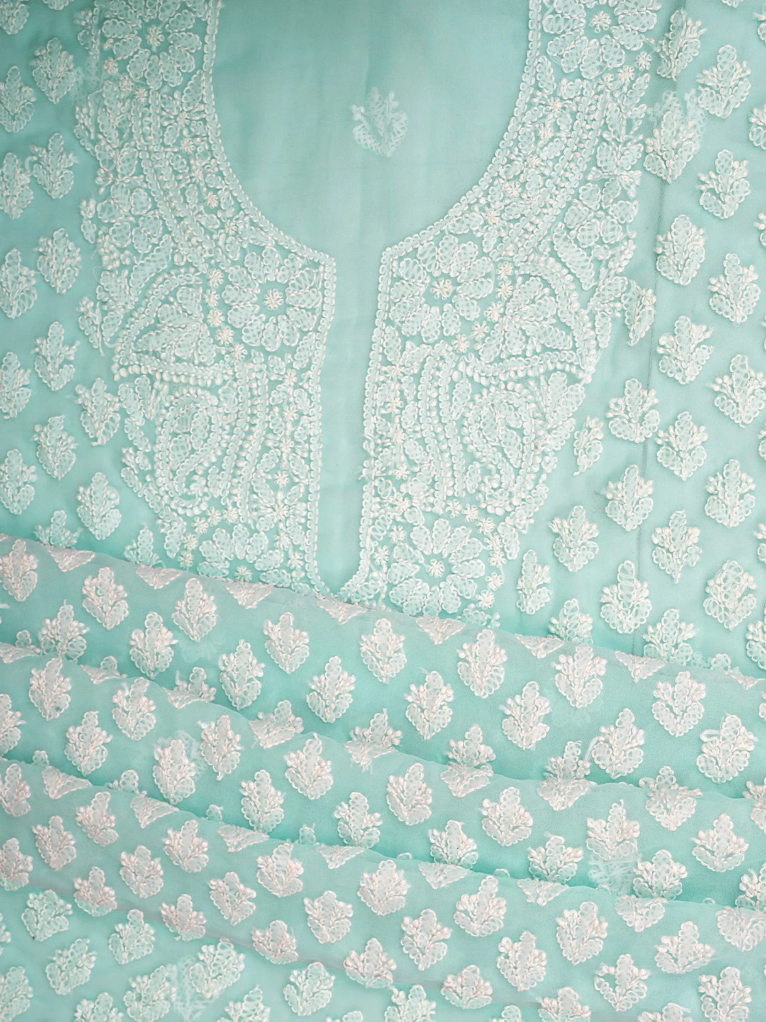Ada Hand Embroidered Electric Aqua Turquoise Georgette Lucknowi Chikankari Unstitched Suit Piece 01A917934