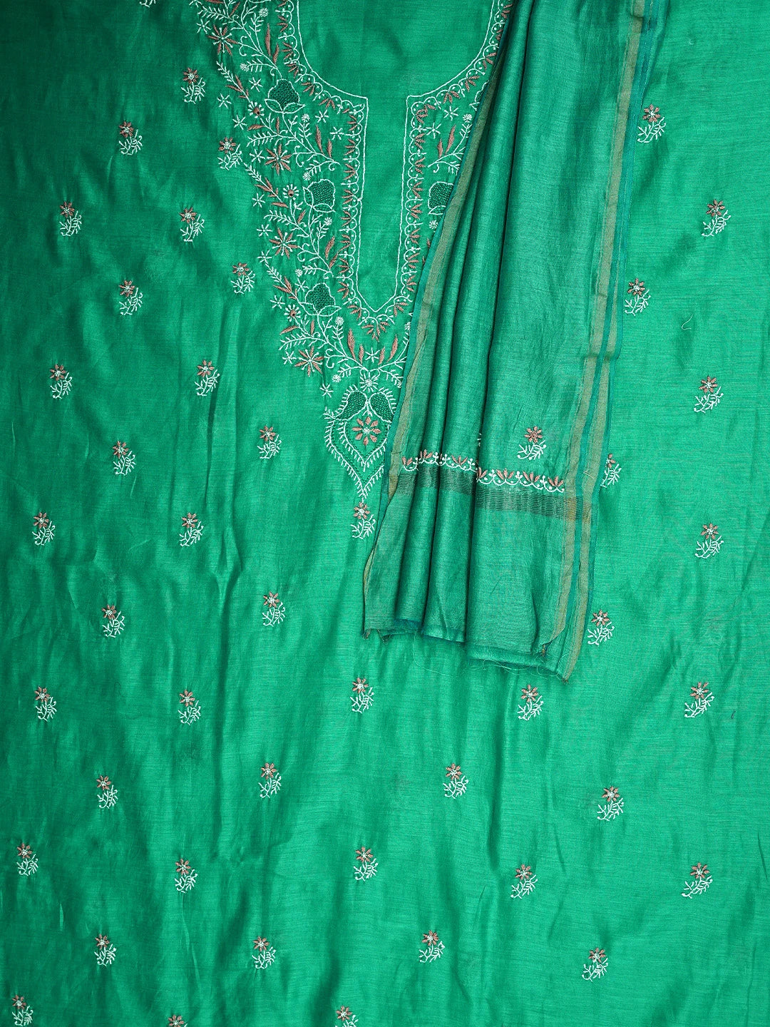 Ada Hand Embroidered Rama Green Chanderi Lucknowi Chikankari Kurta Dupatta Set 01A907754
