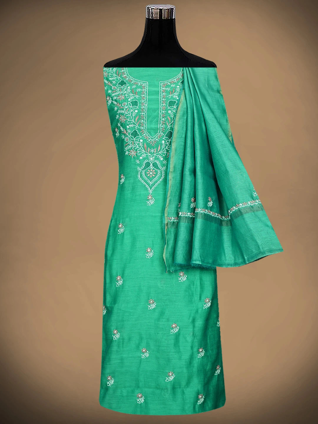 Ada Hand Embroidered Rama Green Chanderi Lucknowi Chikankari Kurta Dupatta Set 01A907754
