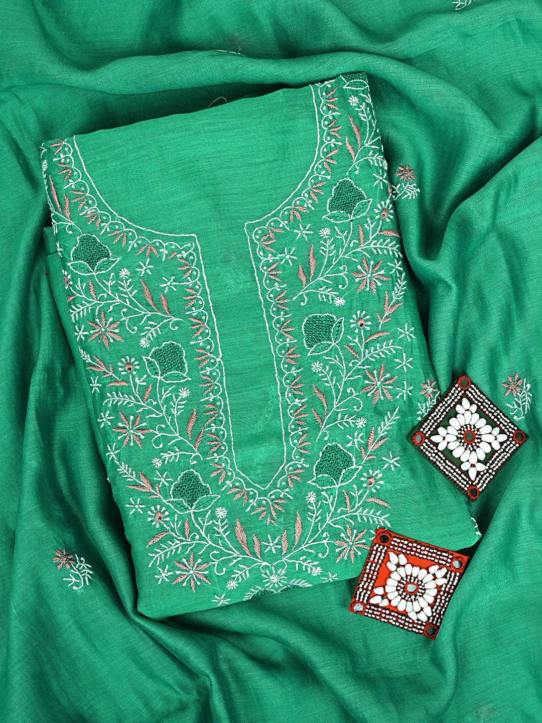 Ada Hand Embroidered Rama Green Chanderi Lucknowi Chikankari Kurta Dupatta Set 01A907754