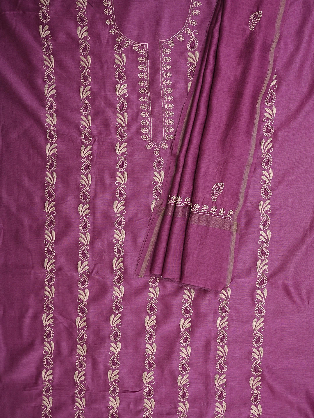 Ada Hand Embroidered Onion Pink Chanderi Lucknowi Chikankari Unstitched Kurta Dupatta Set 01A907739