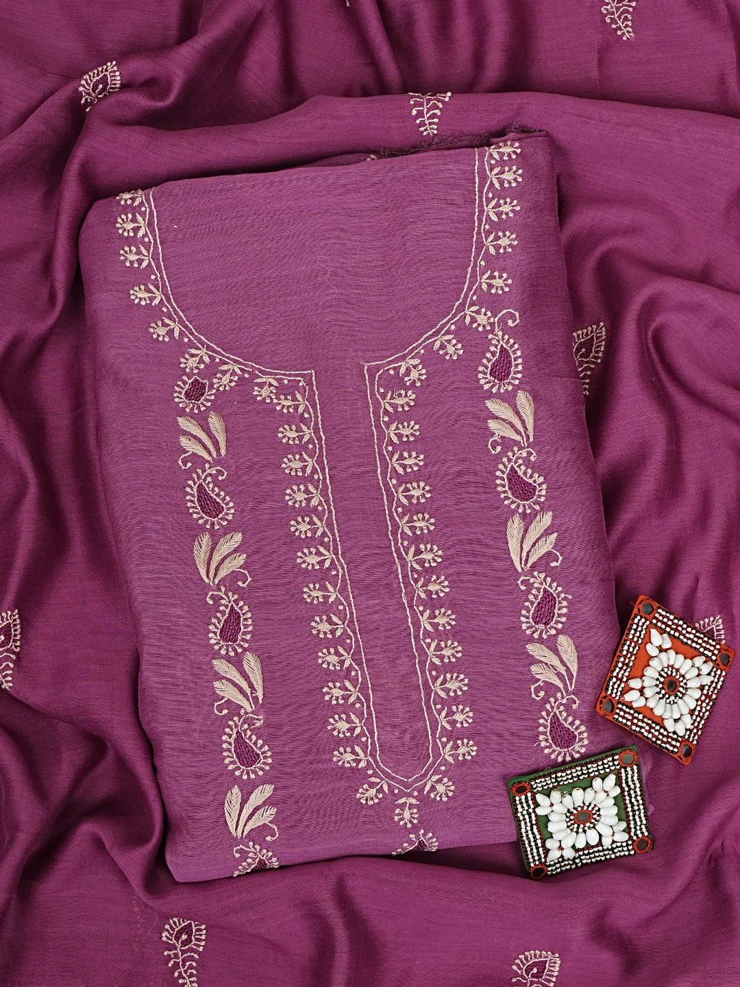 Ada Hand Embroidered Onion Pink Chanderi Lucknowi Chikankari Unstitched Kurta Dupatta Set 01A907739