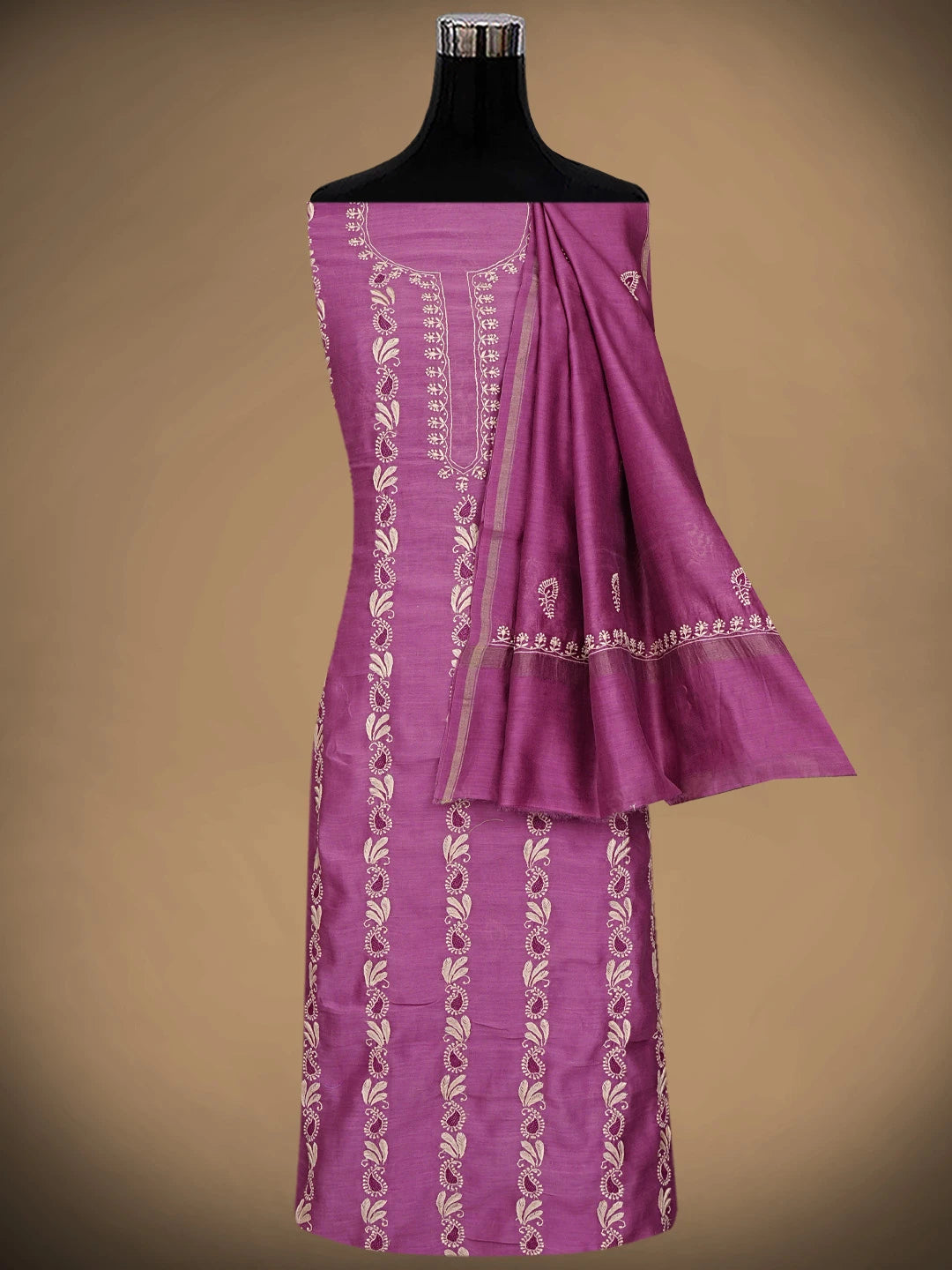Ada Hand Embroidered Onion Pink Chanderi Lucknowi Chikankari Unstitched Kurta Dupatta Set 01A907739