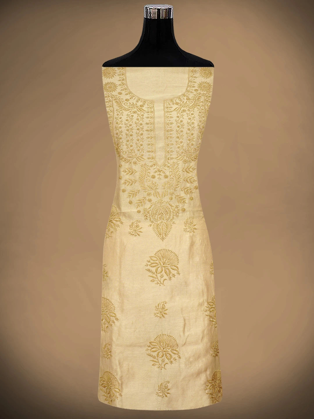 Ada Hand Embroidered Fawn Chanderi Lucknowi Chikankari Unstitched Kurta Dupatta Set 01A918347