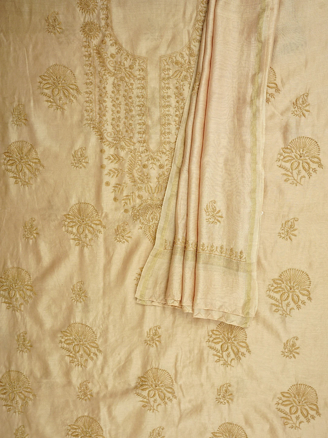 Ada Hand Embroidered Fawn Chanderi Lucknowi Chikankari Unstitched Kurta Dupatta Set 01A918347