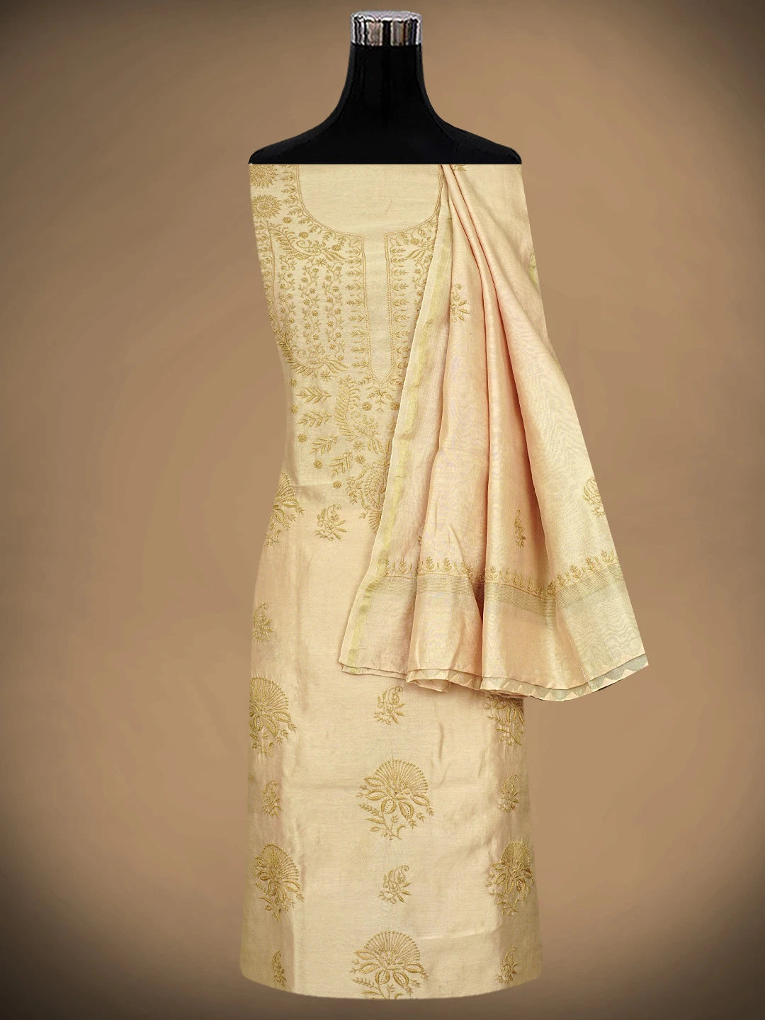 Ada Hand Embroidered Fawn Chanderi Lucknowi Chikankari Unstitched Kurta Dupatta Set 01A918347