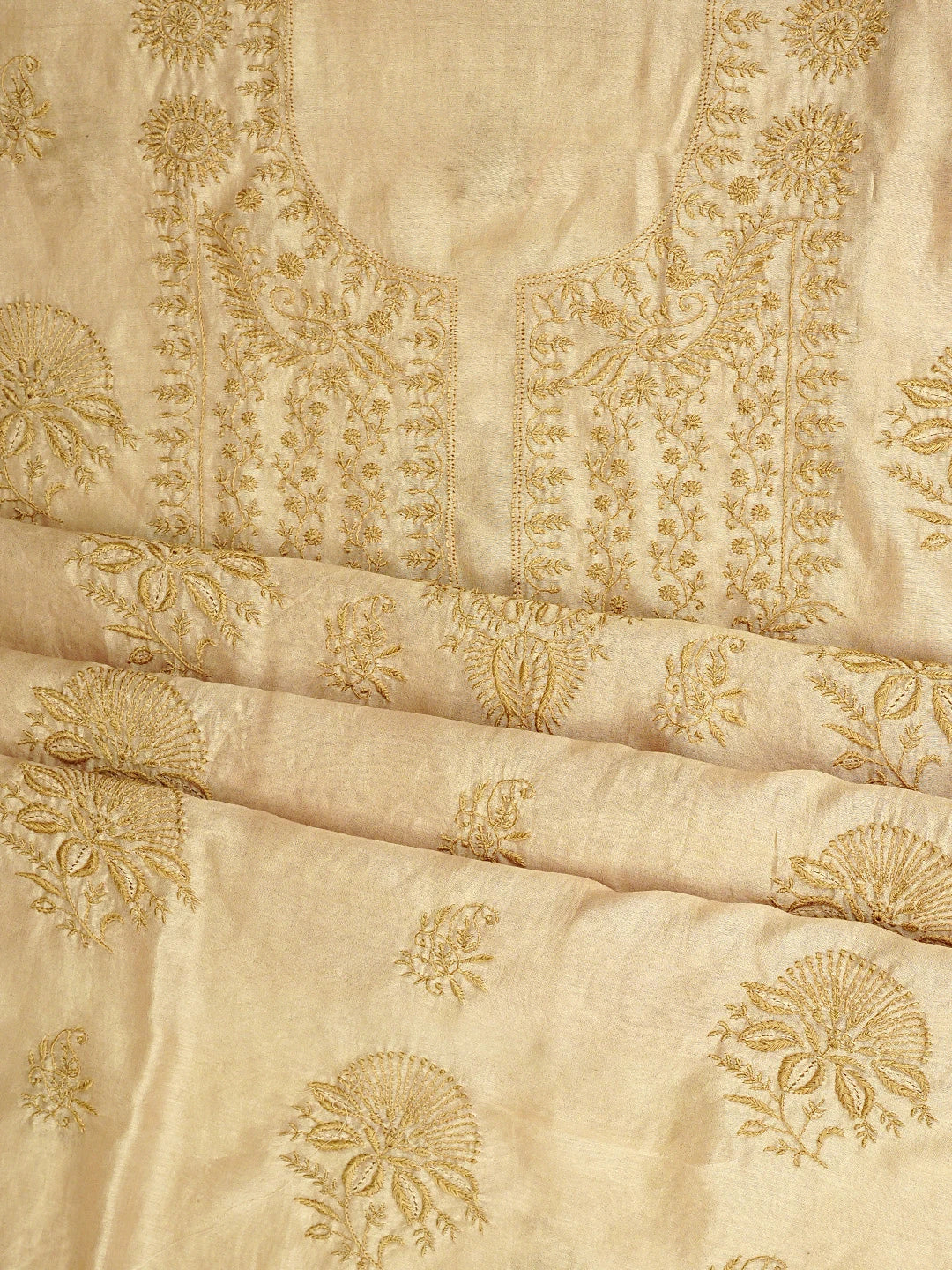 Ada Hand Embroidered Fawn Chanderi Lucknowi Chikankari Unstitched Kurta Dupatta Set 01A918347