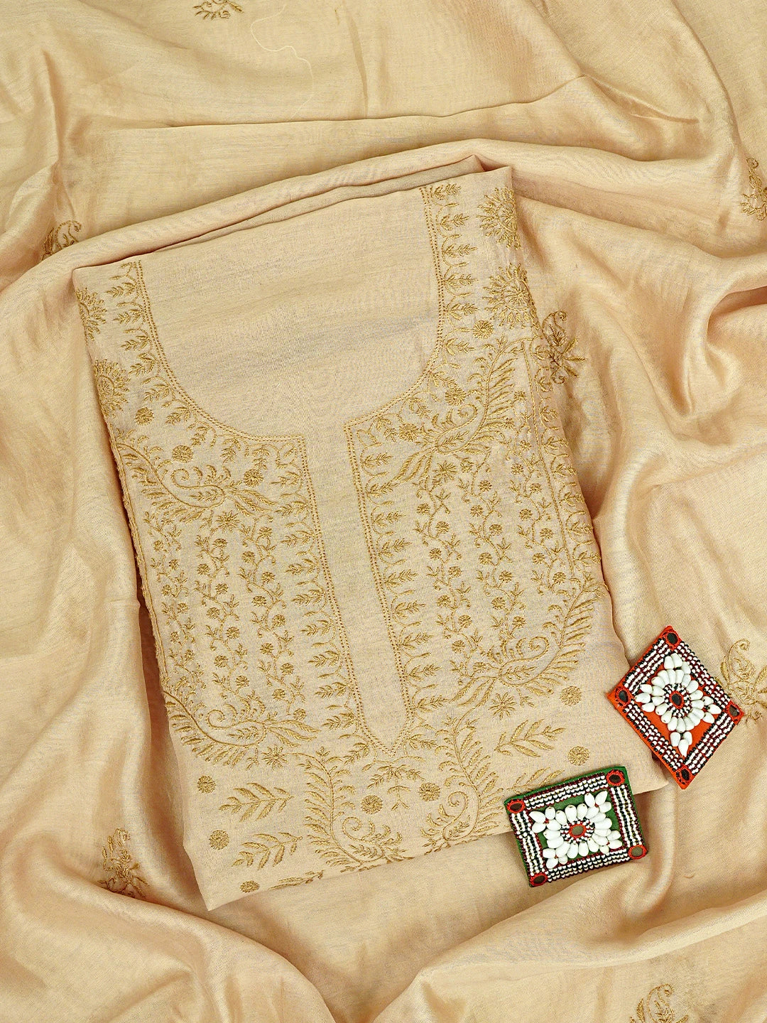 Ada Hand Embroidered Fawn Chanderi Lucknowi Chikankari Unstitched Kurta Dupatta Set 01A918347