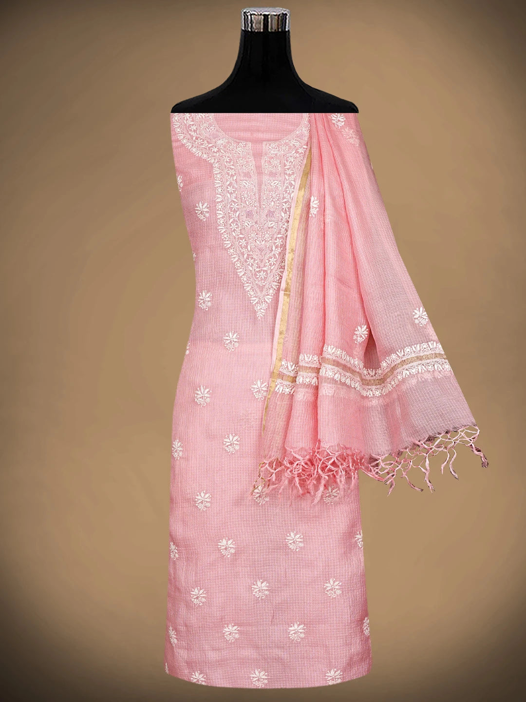 Ada Hand Embroidered Cotton Blush Pink Silk Lucknowi Chikankari Unstitched Kurta Dupatta Set 01A918312