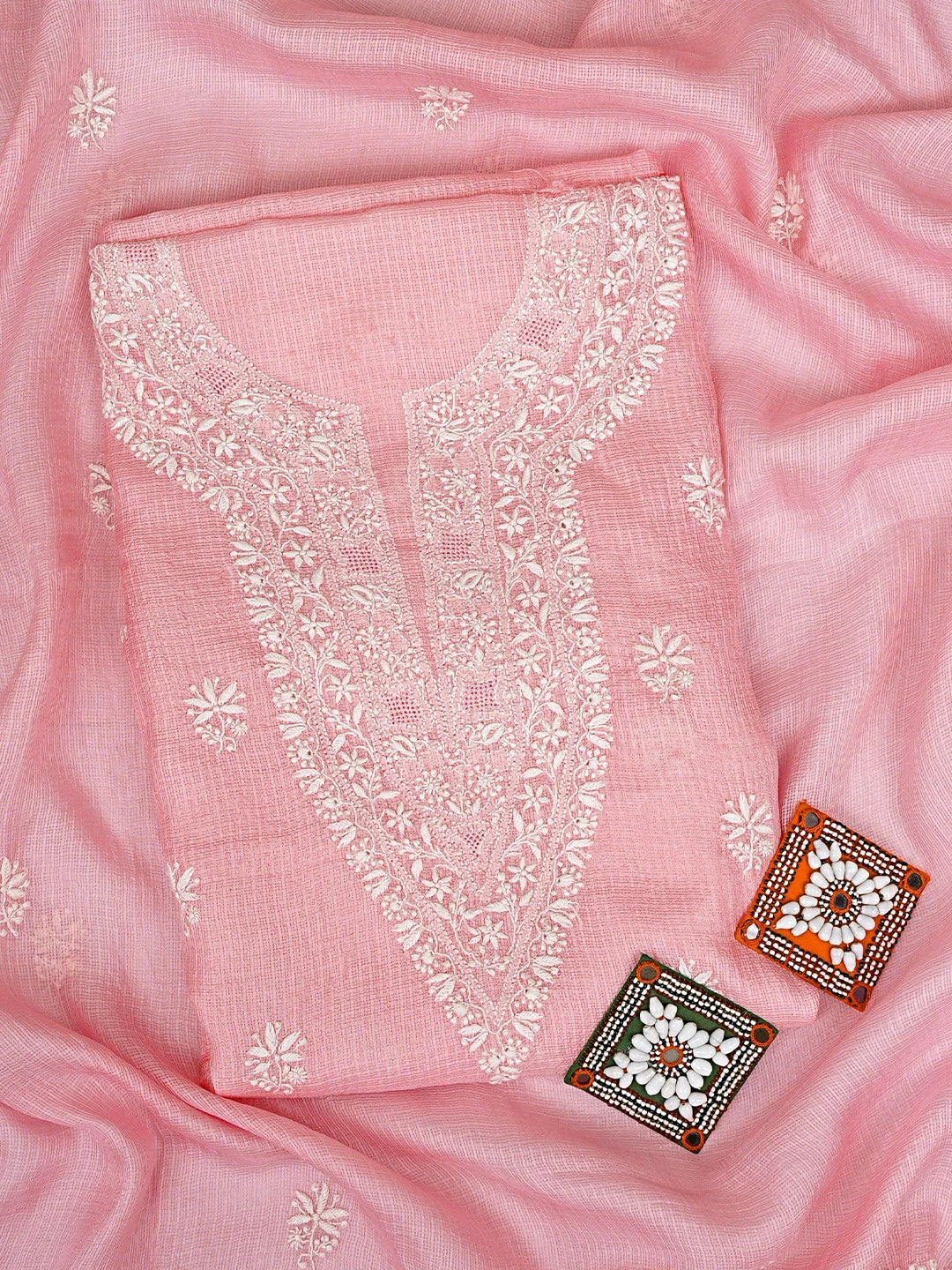 Ada Hand Embroidered Cotton Blush Pink Silk Lucknowi Chikankari Unstitched Kurta Dupatta Set 01A918312