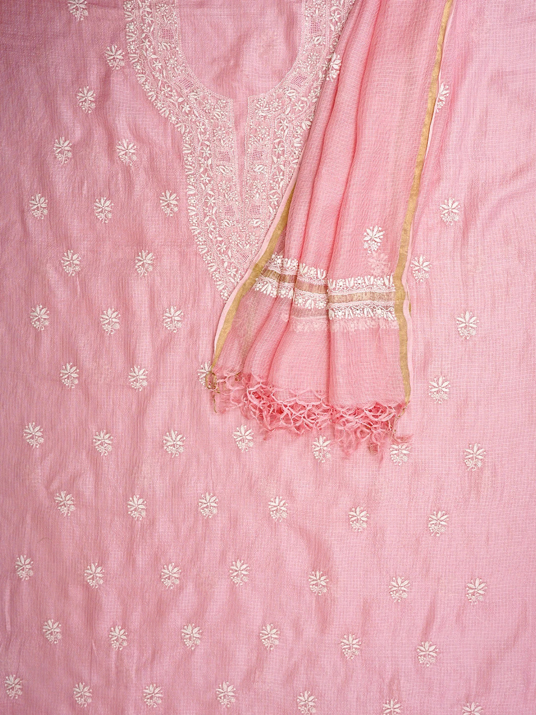 Ada Hand Embroidered Cotton Blush Pink Silk Lucknowi Chikankari Unstitched Kurta Dupatta Set 01A918312