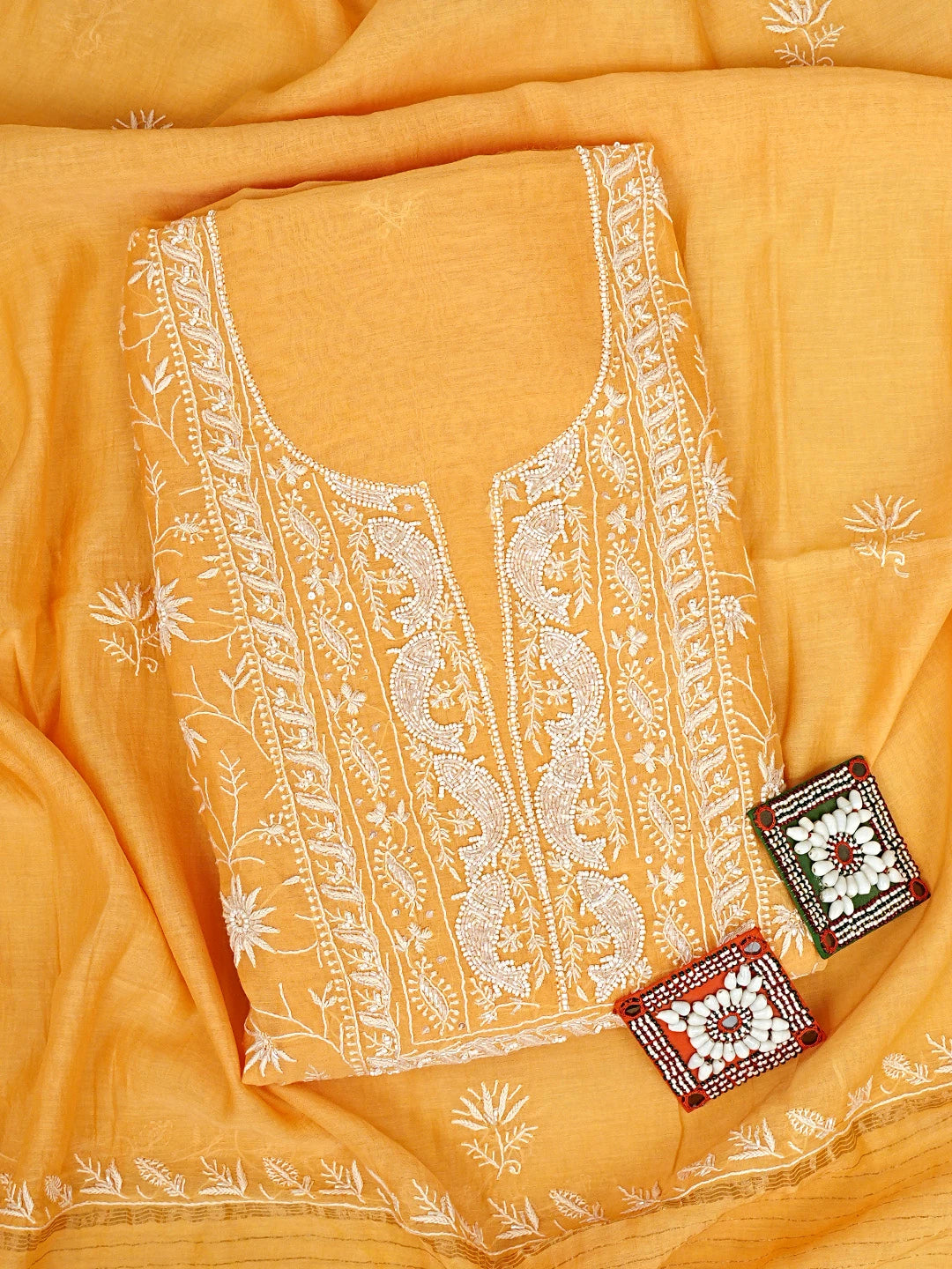 Ada Hand Embroidered Carrot Orange Chanderi Lucknowi Chikankari Unstitched Kurta Dupatta Set With Sequinned Work 01A922093