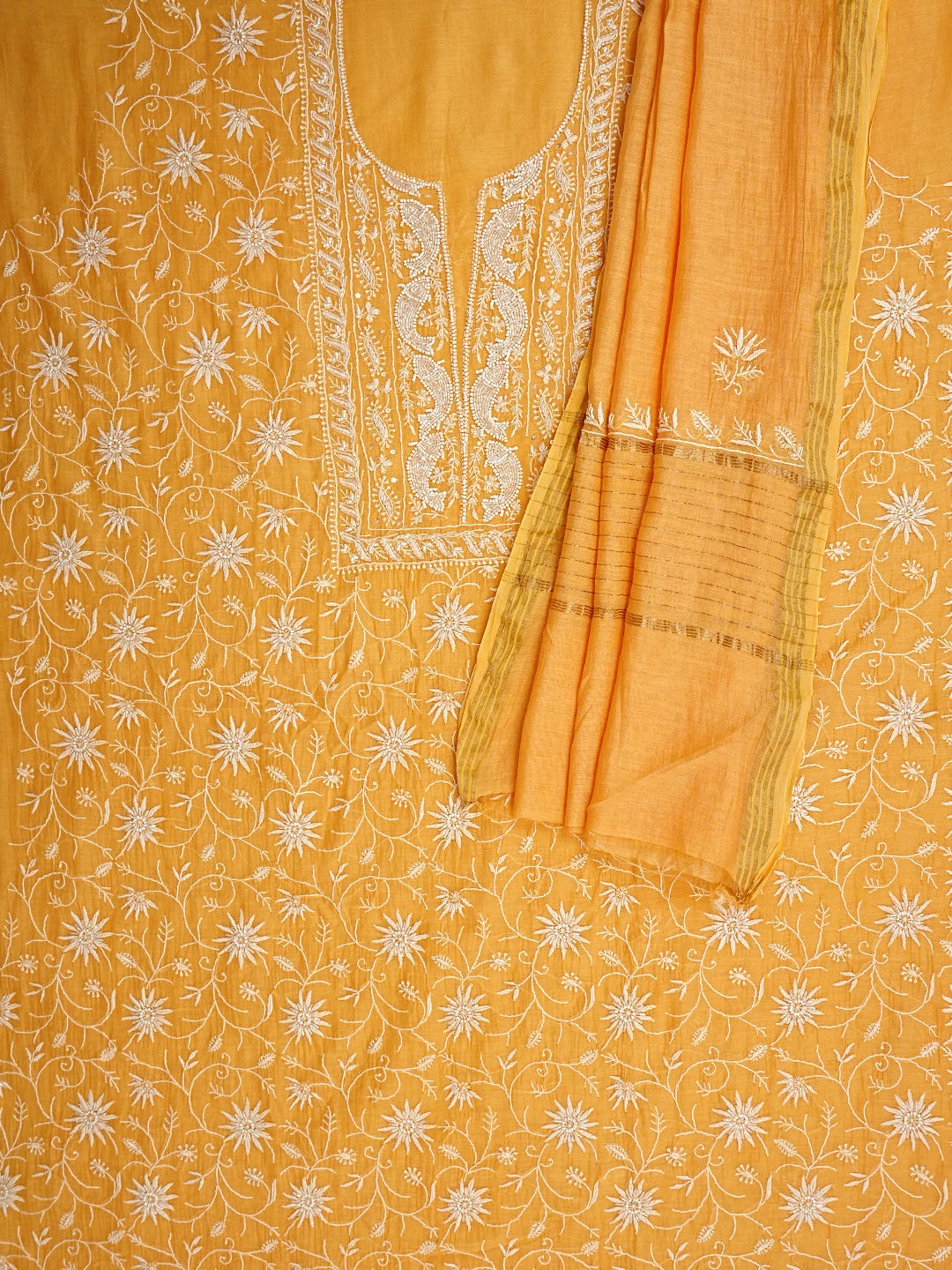 Ada Hand Embroidered Carrot Orange Chanderi Lucknowi Chikankari Unstitched Kurta Dupatta Set With Sequinned Work 01A922093