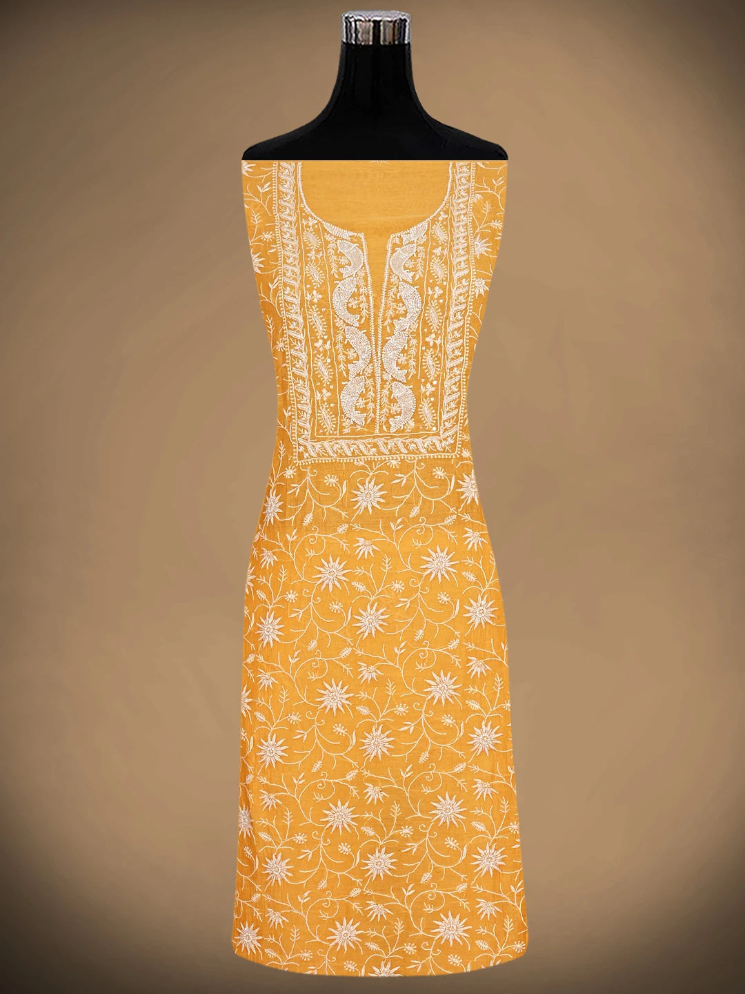 Ada Hand Embroidered Carrot Orange Chanderi Lucknowi Chikankari Unstitched Kurta Dupatta Set With Sequinned Work 01A922093