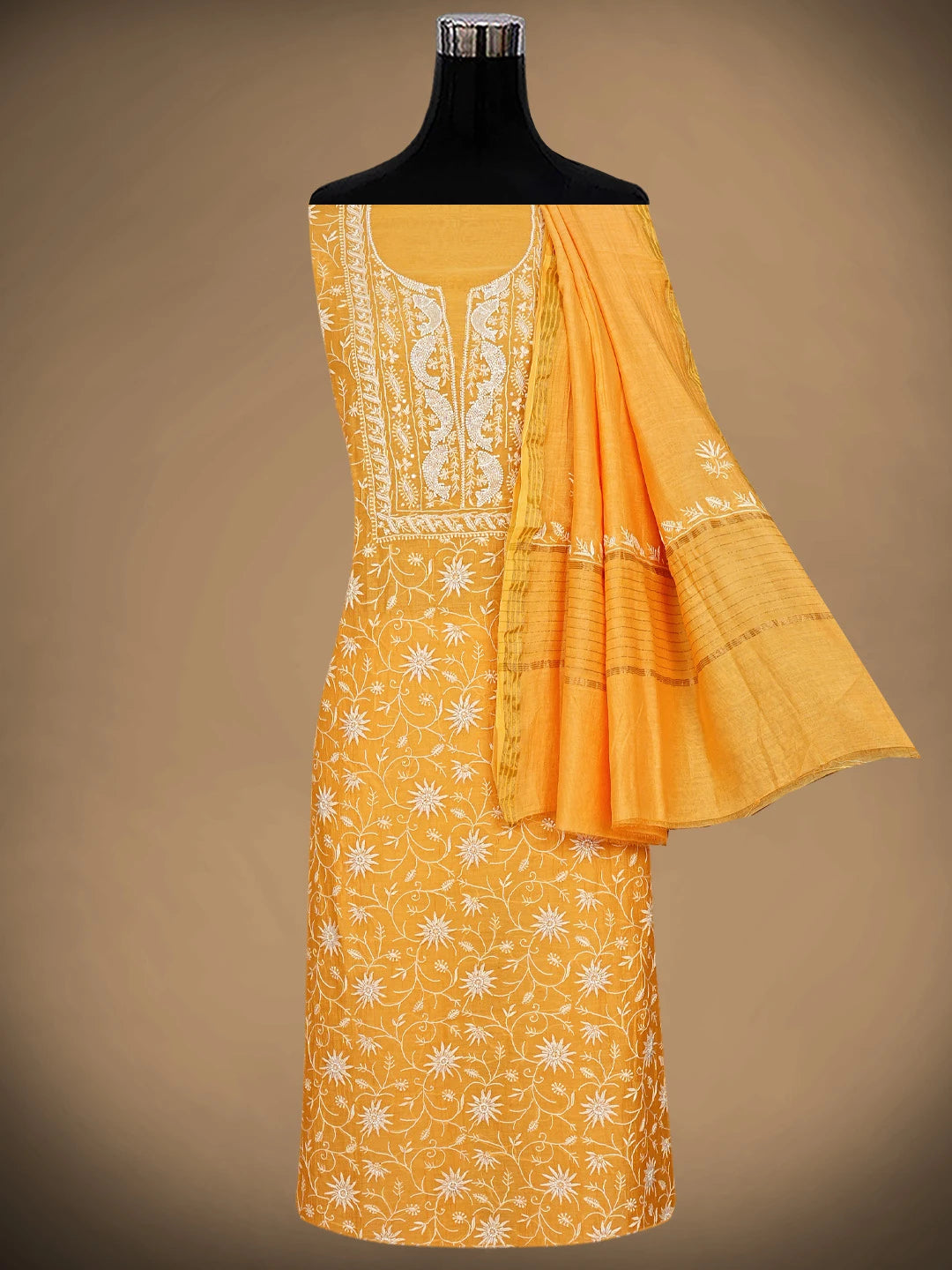 Ada Hand Embroidered Carrot Orange Chanderi Lucknowi Chikankari Unstitched Kurta Dupatta Set With Sequinned Work 01A922093
