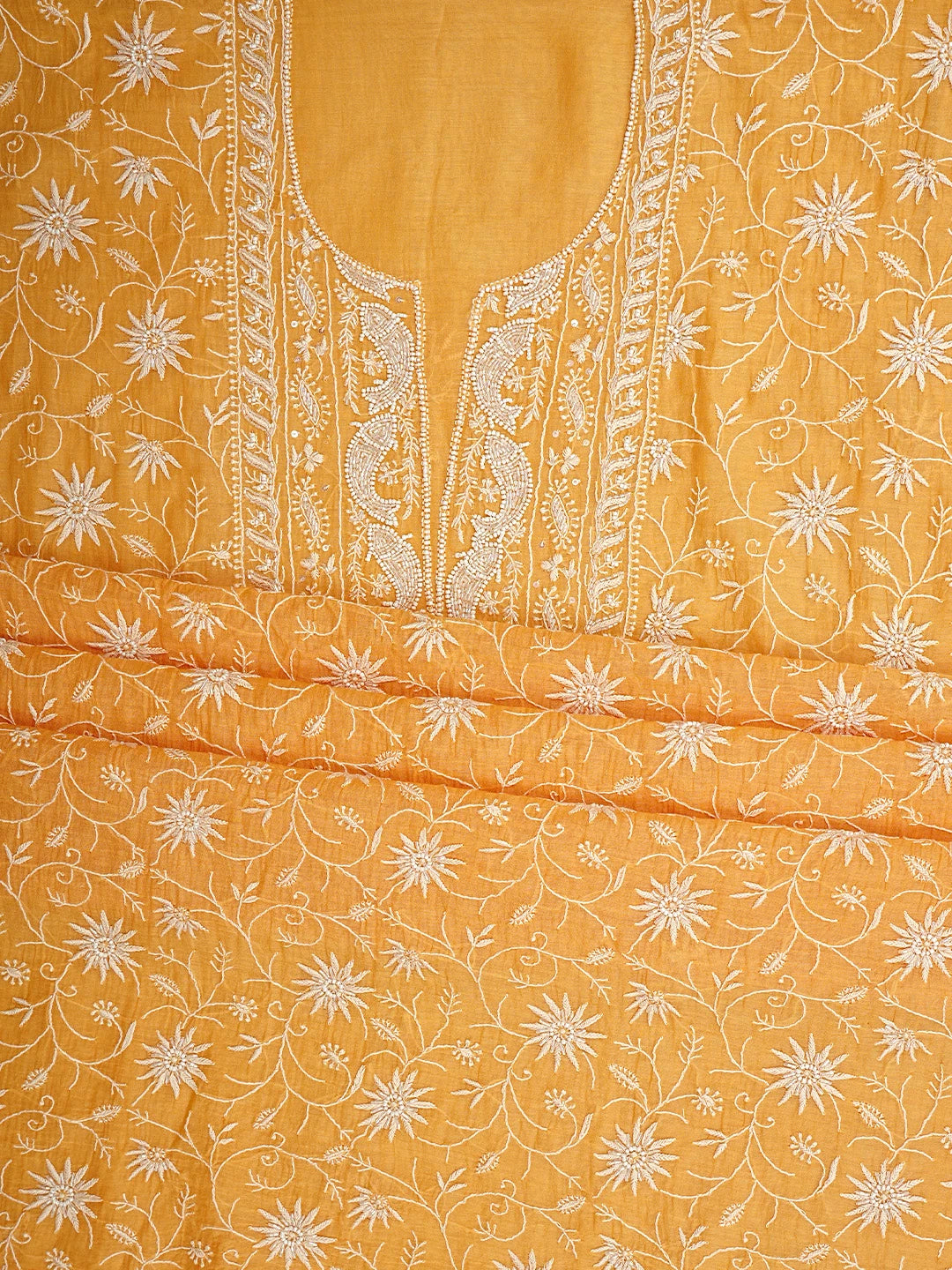 Ada Hand Embroidered Carrot Orange Chanderi Lucknowi Chikankari Unstitched Kurta Dupatta Set With Sequinned Work 01A922093