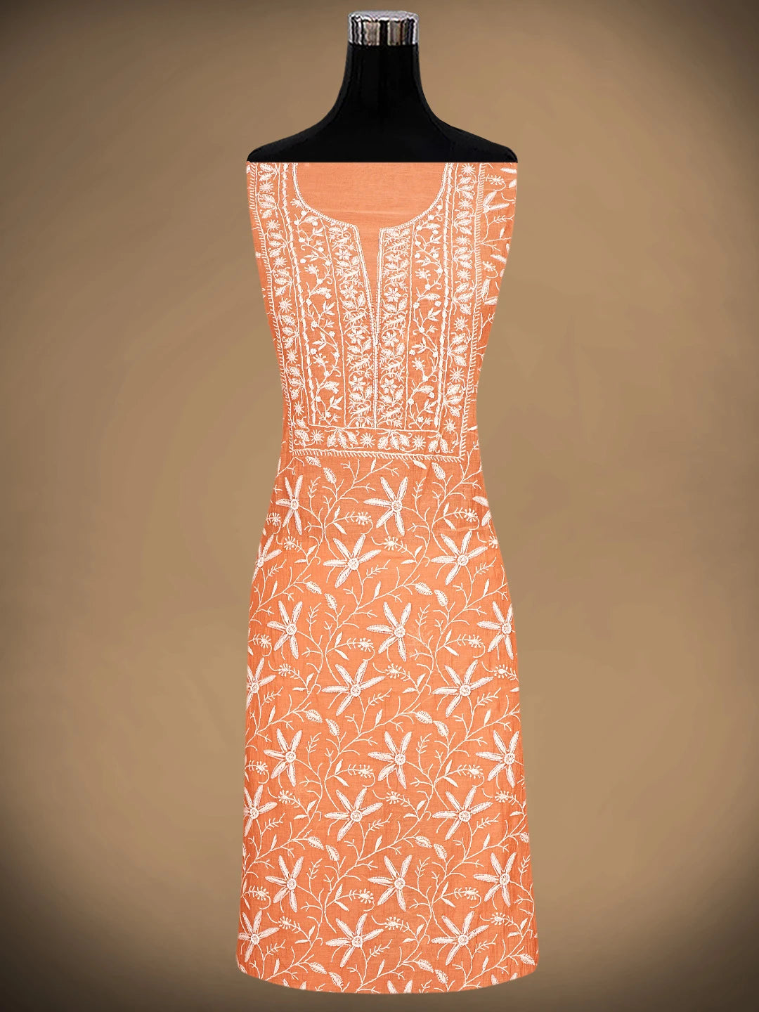 Ada Hand Embroidered Peach Orange Chanderi Lucknowi Chikankari Unstitched Kurta Dupatta Set With Cutdana Work 01A922105