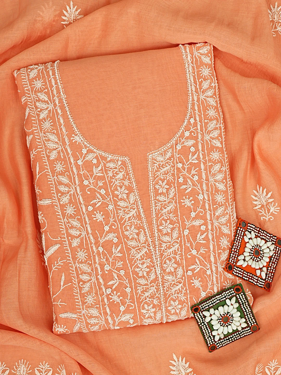 Ada Hand Embroidered Peach Orange Chanderi Lucknowi Chikankari Unstitched Kurta Dupatta Set With Cutdana Work 01A922105