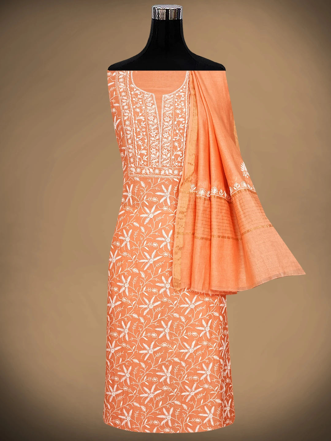 Ada Hand Embroidered Peach Orange Chanderi Lucknowi Chikankari Unstitched Kurta Dupatta Set With Cutdana Work 01A922105