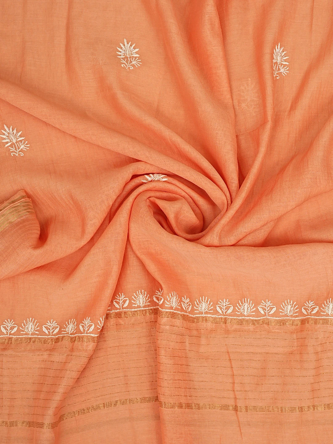 Ada Hand Embroidered Peach Orange Chanderi Lucknowi Chikankari Unstitched Kurta Dupatta Set With Cutdana Work 01A922105