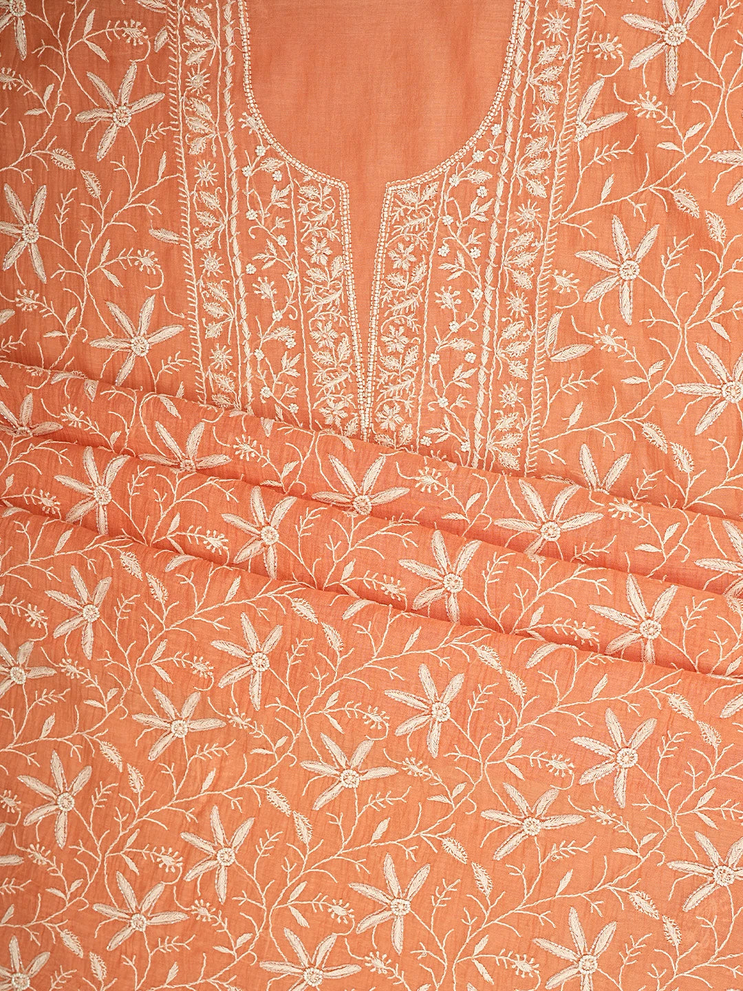 Ada Hand Embroidered Peach Orange Chanderi Lucknowi Chikankari Unstitched Kurta Dupatta Set With Cutdana Work 01A922105