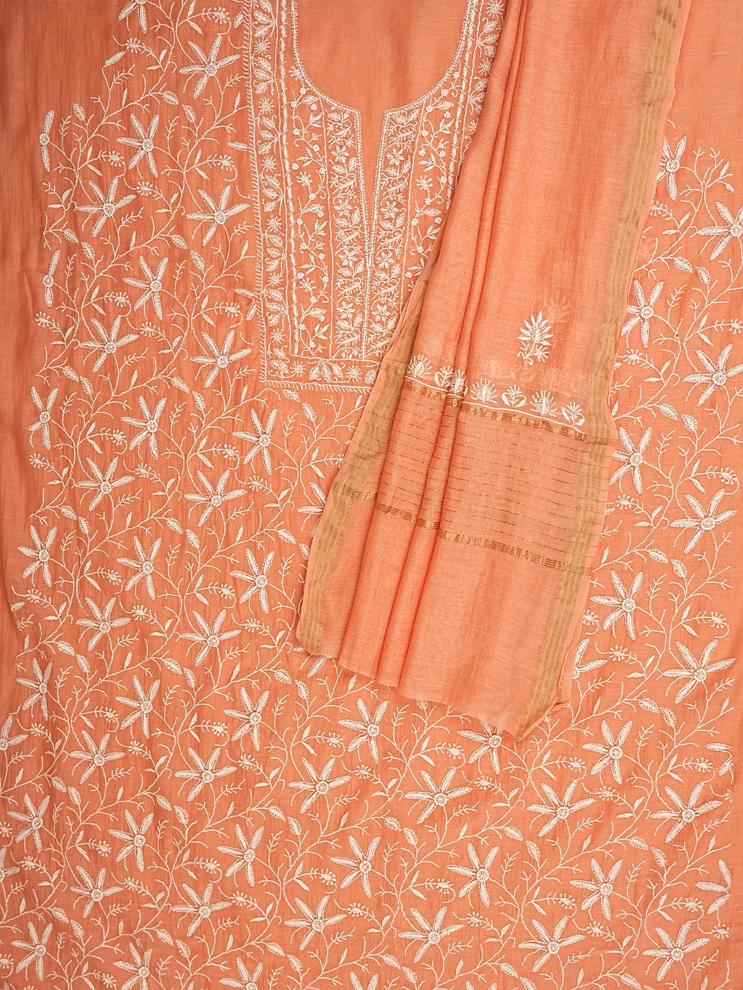 Ada Hand Embroidered Peach Orange Chanderi Lucknowi Chikankari Unstitched Kurta Dupatta Set With Cutdana Work 01A922105