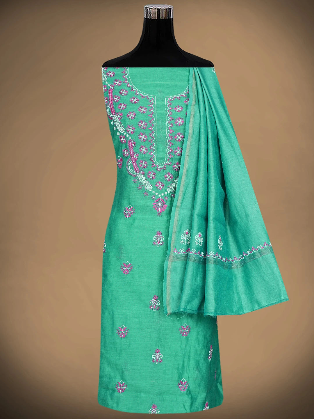 Ada Hand Embroidered Rama Green Chanderi Lucknowi Chikankari Kurta Dupatta Set 01A918349