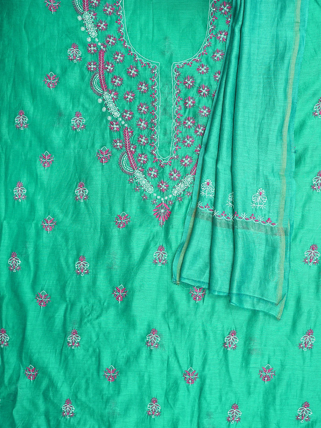 Ada Hand Embroidered Rama Green Chanderi Lucknowi Chikankari Kurta Dupatta Set 01A918349