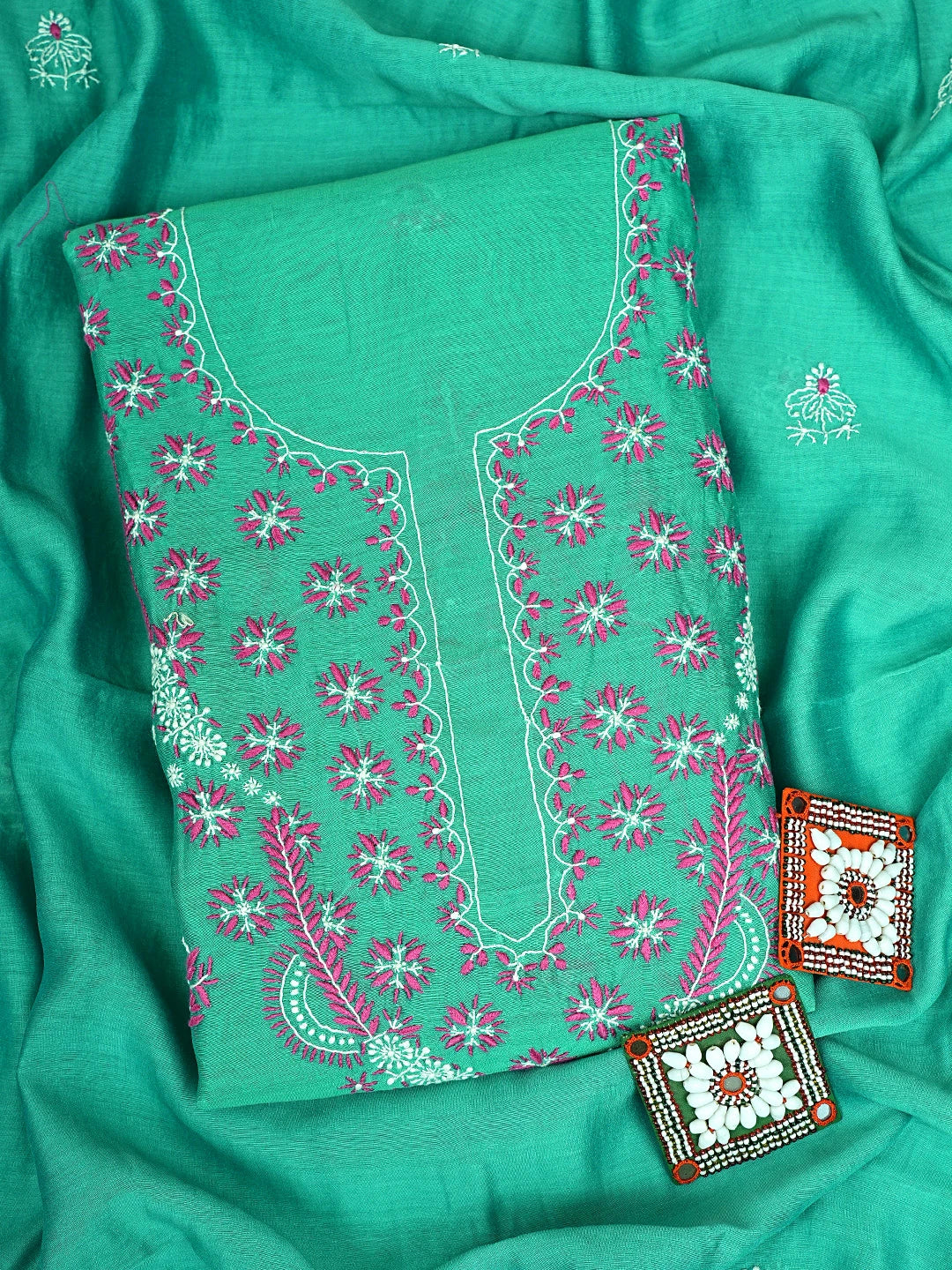 Ada Hand Embroidered Rama Green Chanderi Lucknowi Chikankari Kurta Dupatta Set 01A918349